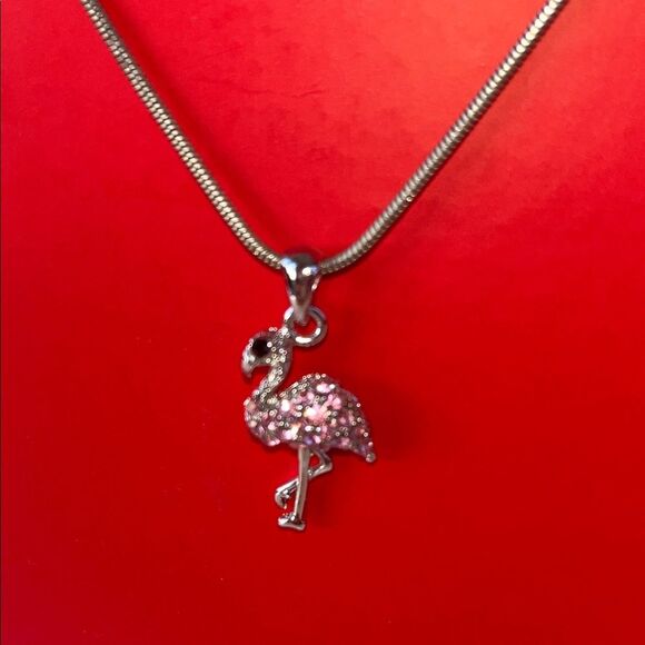 None Jewelry - Chic Flamingo Pendant Necklace in Silver with Pink Gemstones
